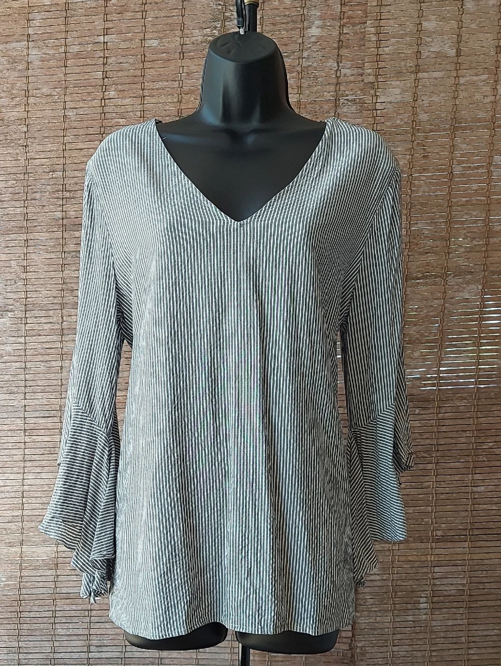 Pleione Black & White Striped V-Neck Bell Sleeve Top - Picture 5 of 9